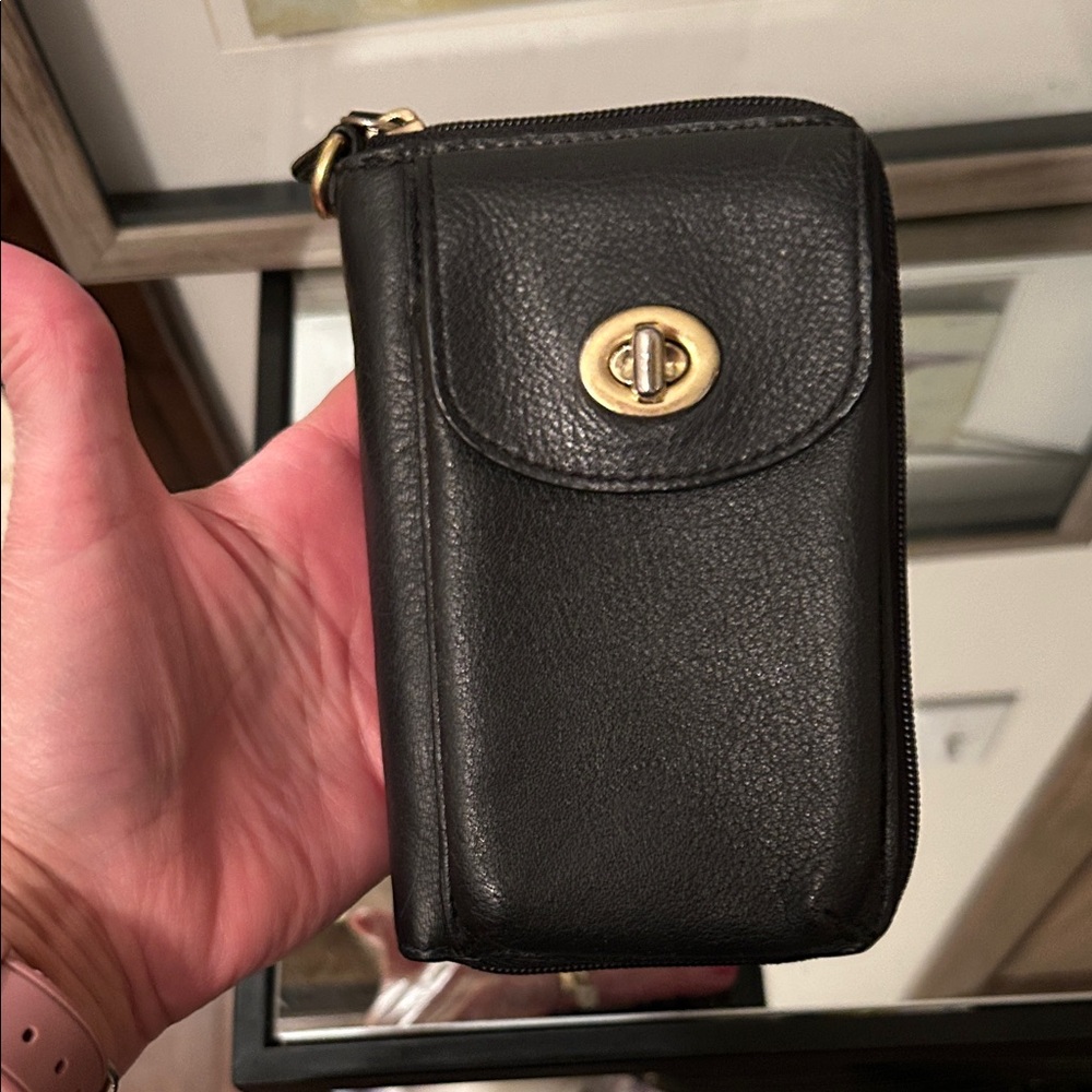 Coach Black Leather Phone Case with Gold Clasp